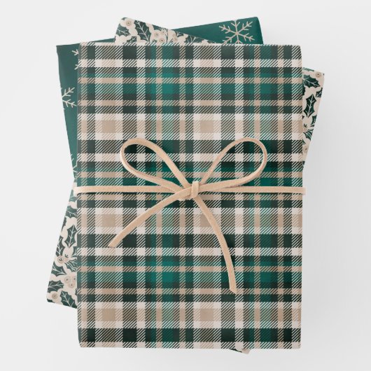 Rustikale Grün- und Tan-Weihnachtsmuster Geschenkpapier Set (Beispiel)