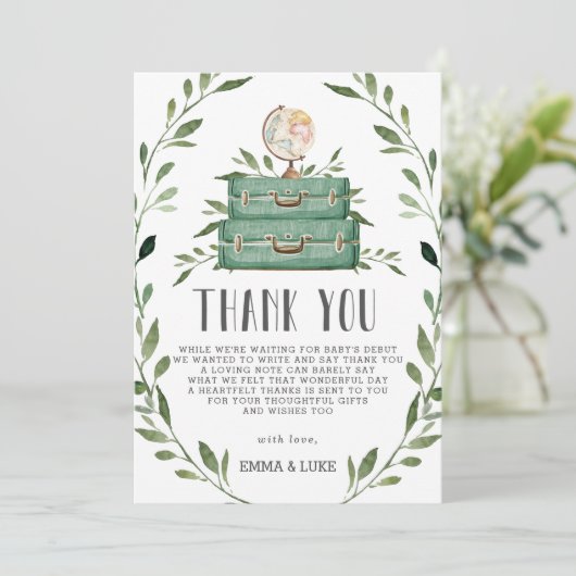 Rustikale Grünanlage Adventure Baby Dusche Koffer Dankeskarte (Stehend Vorderseite)