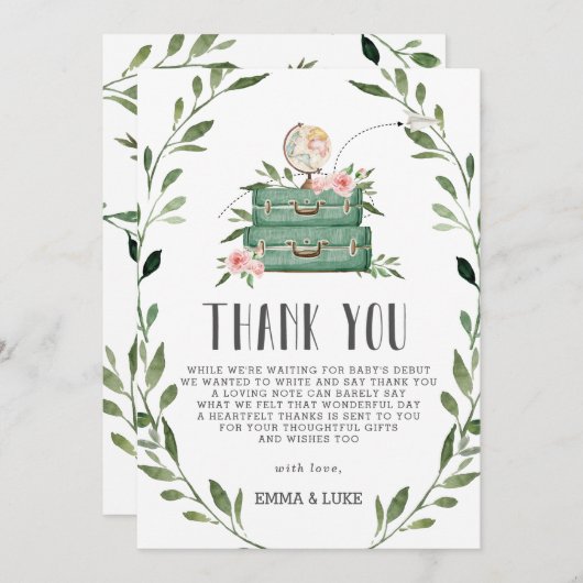 Rustikale Grünanlage Adventure Baby Dusche Koffer Dankeskarte (Vorne/Hinten)