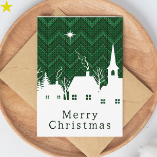 Rustikale grüne Argyrol-Strick-Weihnachtsdorf Karte