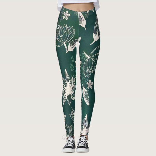 Rustikale grüne botanische Wildblumen Blossom Leggings (Vorderseite)