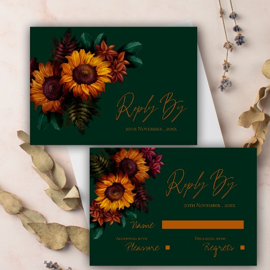 Rustikale grüne Burnt Orange Floral Wedding RSVP Karte