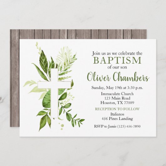 Rustikale Grüne Cross Boy Taufe Einladung (Vorne/Hinten)
