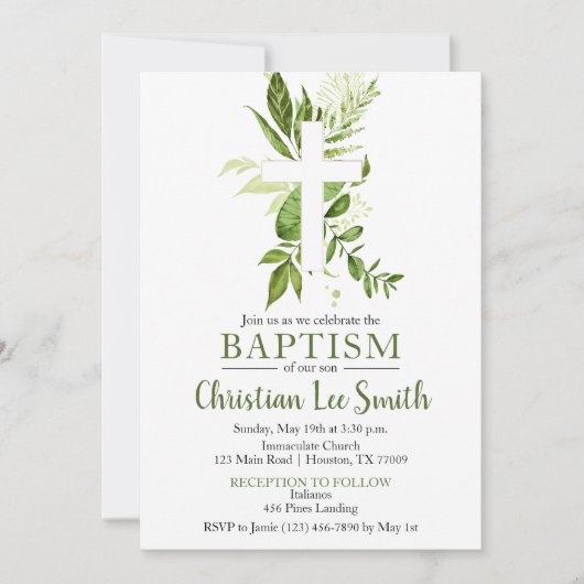 Rustikale Grüne Cross Boy Taufe Einladung (Vorderseite)