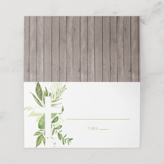 Rustikale Grüne Cross Boy Taufe geflochtene Zelt Platzkarte (Außenseite Aufgefaltet)