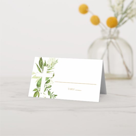 Rustikale Grüne Cross Boy Taufe geflochtene Zelt Platzkarte (Vorderseite)