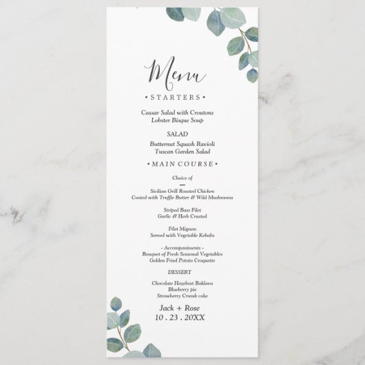 Rustikale Grüne Eukalyptus Sommerhochzeit. Menükarte (Vorderseite)