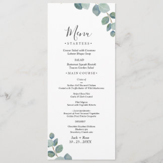 Rustikale Grüne Eukalyptus Sommerhochzeit. Menükarte
