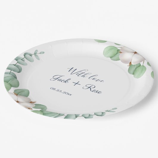 Rustikale Grüne Eukalyptus Sommerhochzeit. Pappteller (Schrägansicht)