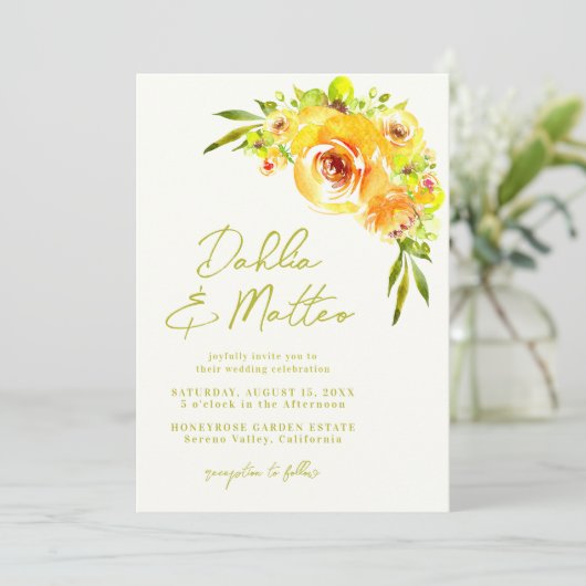 Rustikale grüne gelbe Blumenhochzeit handgeschrieb Einladung (Stehend Vorderseite)