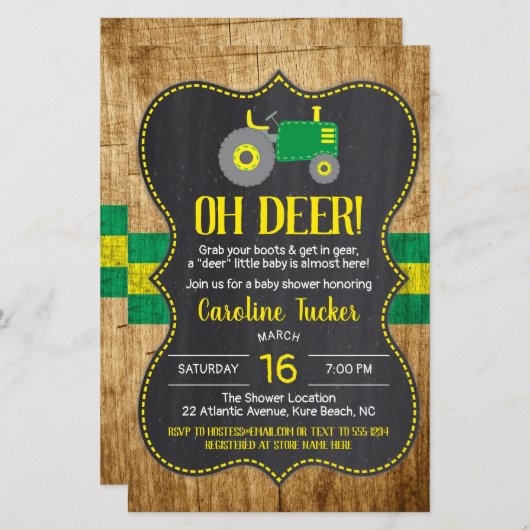 Rustikale grüne gelbe Traktorendusche Einladung (Vorne/Hinten)