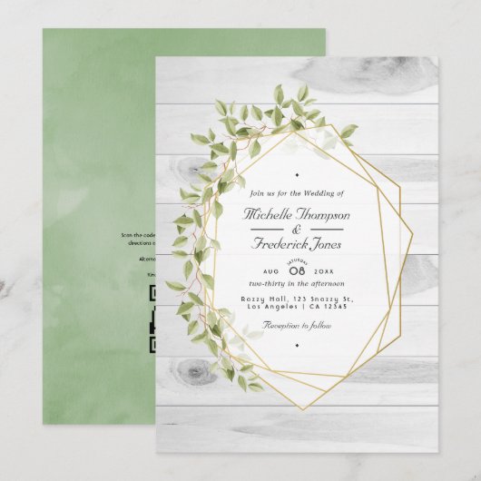 Rustikale Grüne Geometrische QR-Code-RSVP-Hochzeit Einladung (Vorne/Hinten)