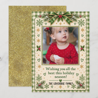Rustikale grüne Gingham-Gold-Weihnachts-Foto-Feier Feiertagskarte