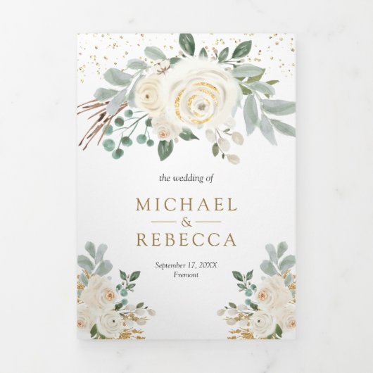 Rustikale Grüne Gold Elfenbeinblütenhochzeit Dreifach Gefaltete Einladung (Cover)