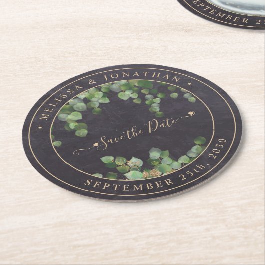Rustikale Grüne Gold Hochzeit retten Datum Runder Pappuntersetzer (Angewinkelt)