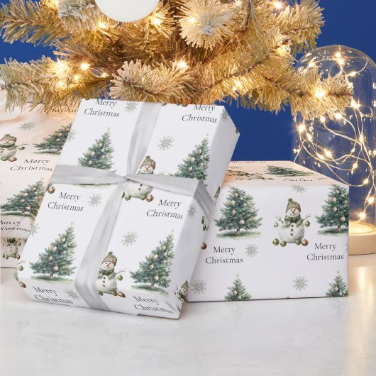 Rustikale Grüne goldene Creme Snowman Weihnachtsba Geschenkpapier (Feiertage)
