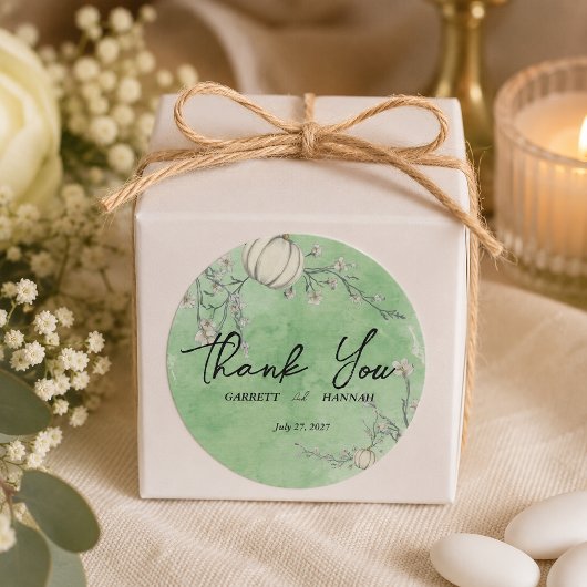 Rustikale grüne Herbst-Kürbis-Hochzeit Runder Aufkleber