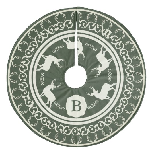 Rustikale grüne Hirschantler und -bucks | Monogram Fleece Weihnachtsbaumdecke (Vorderseite)