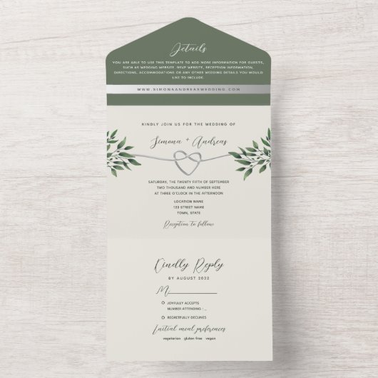 Rustikale Grüne Hochzeit des Olive All In One Einladung (Innen Boden)