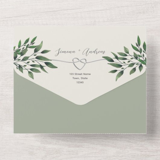 Rustikale Grüne Hochzeit des Olive All In One Einladung (Rückseite)