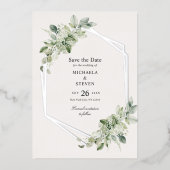 Rustikale Grüne Hochzeit Save The Date Echt Silber Folieneinladung (Vorderseite)