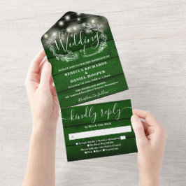 Rustikale grüne Holz-Blumen-Lichterketten-Hochzeit All In One Einladung