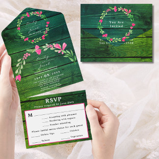 Rustikale grüne Holz-Rosa-Floral-Landhochzeit-RSVP All In One Einladung