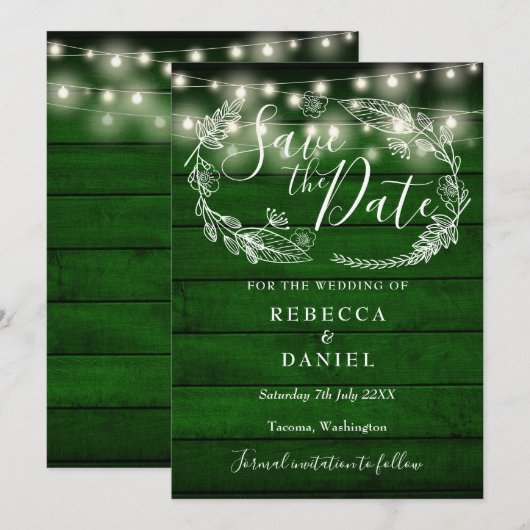 Rustikale grüne Holzsaitenblumen Save The Date (Vorne/Hinten)