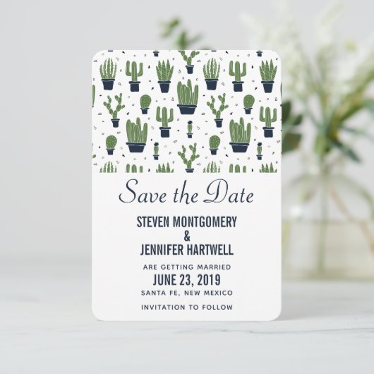 Rustikale grüne Kakteen in Blume Pots Pattern Hoch Save The Date (Stehend Vorderseite)