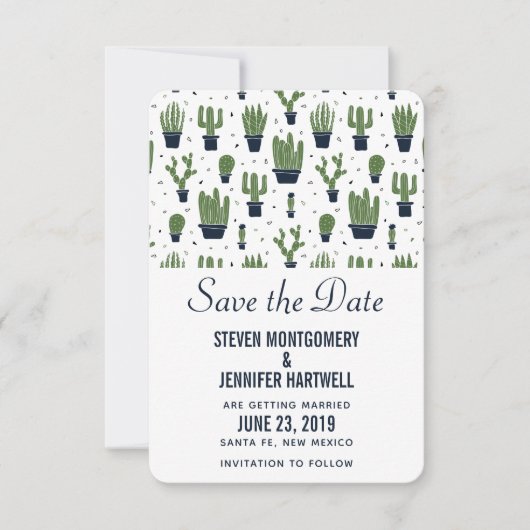 Rustikale grüne Kakteen in Blume Pots Pattern Hoch Save The Date (Vorderseite)