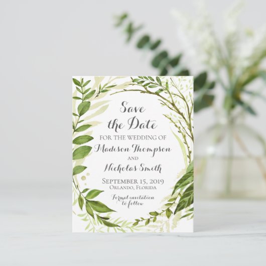 Rustikale grüne Kranzhochzeit speichert die Datums Save The Date (Stehend Vorderseite)