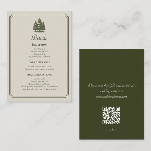 Rustikale grüne Minimal-QR-Code-Hochzeit im Wald Begleitkarte (Vorne/Hinten)