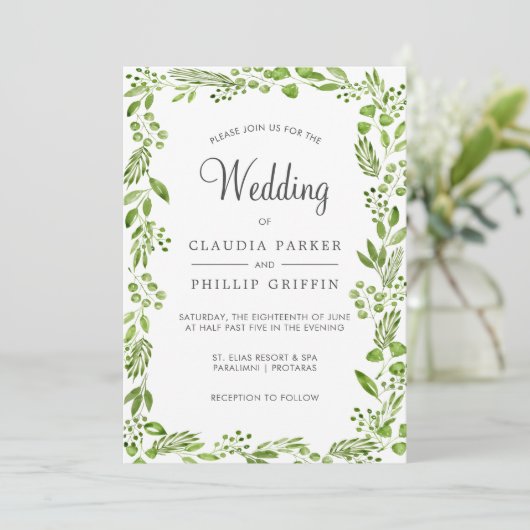 Rustikale, grüne Olive-Leaf-Hochzeit Einladung (Stehend Vorderseite)