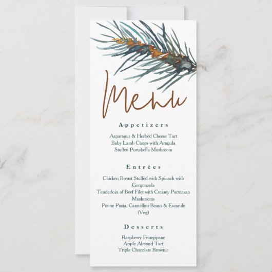 Rustikale grüne Pine Needles Empfang Dinner Menü Einladung (Vorderseite)