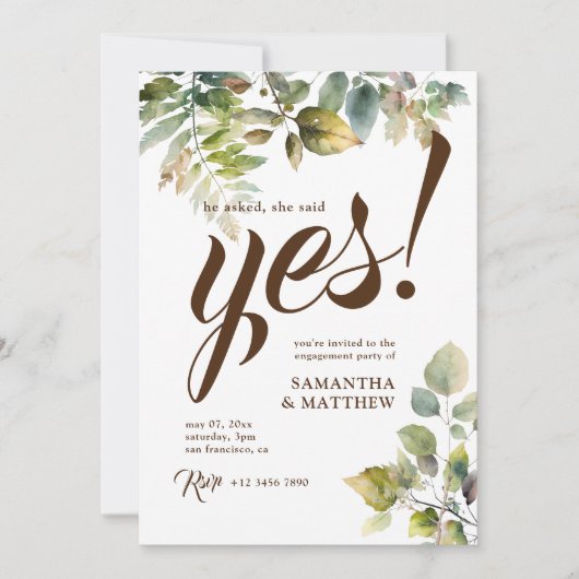 Rustikale Grüne sagte sie Yes Engagement Party Einladung (Vorderseite)