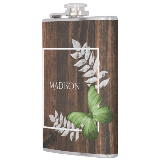 Rustikale grüne Schmetterlingsflasche Flachmann (Links)