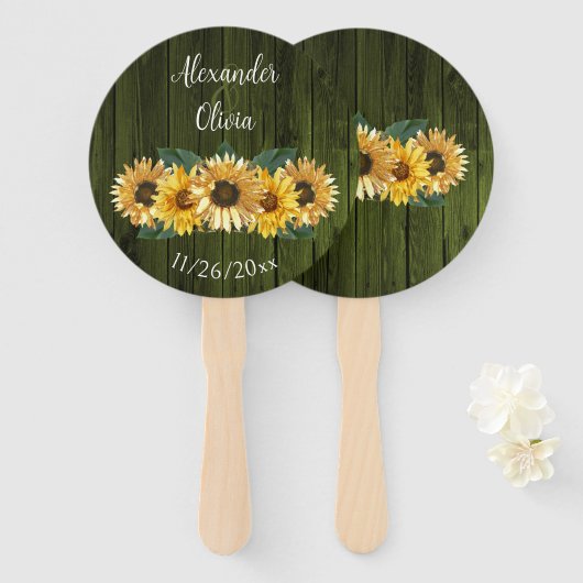 Rustikale grüne Sonnenblume Gastgeschenk Hochzeit Fächer (Vorne und Hinten)