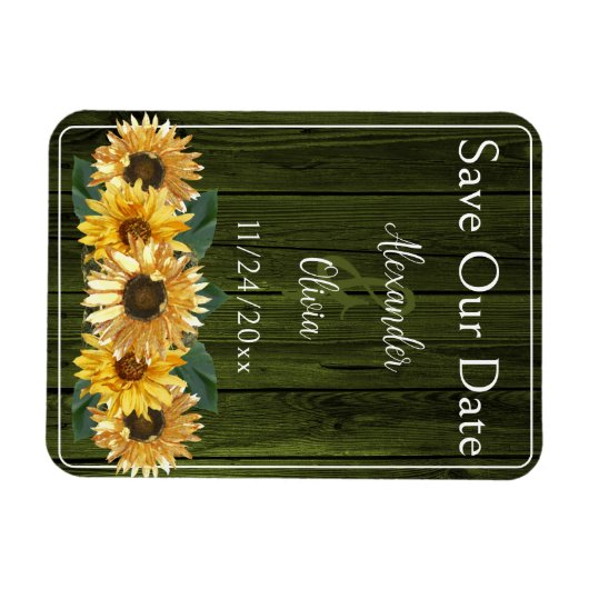 Rustikale grüne Sonnenblumen speichern das Datumsm Magnet (Horizontal)