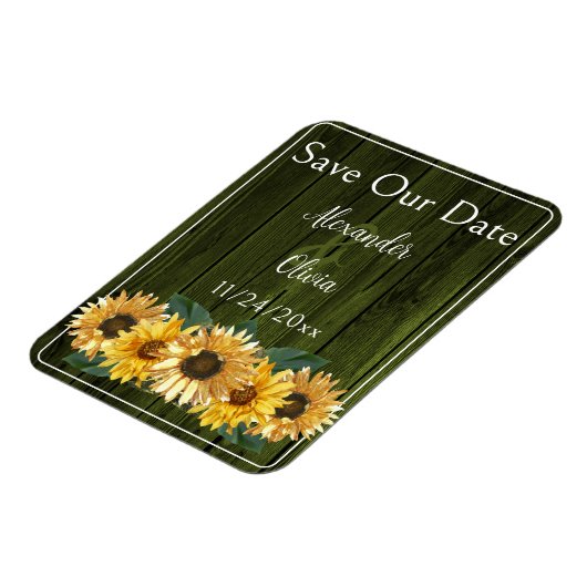 Rustikale grüne Sonnenblumen speichern das Datumsm Magnet (Linke Seite)