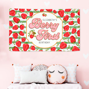 Rustikale grüne Streifen Berry Erster Geburtstag Banner