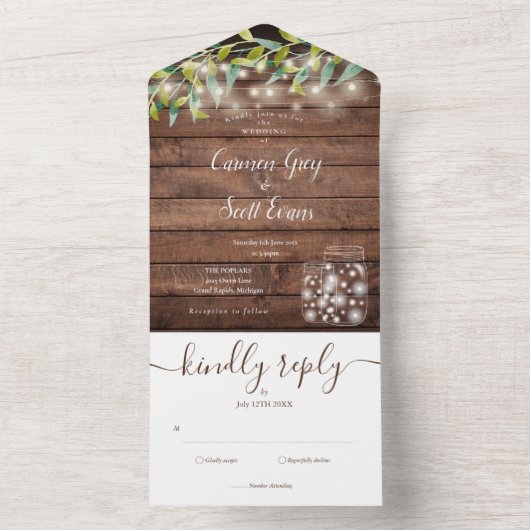 Rustikale Grüne String Lights Mason Jars Wedding All In One Einladung (Innen Boden)