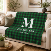 Rustikale grüne und schwarze Buffalo-Karo-Monogram Fleecedecke