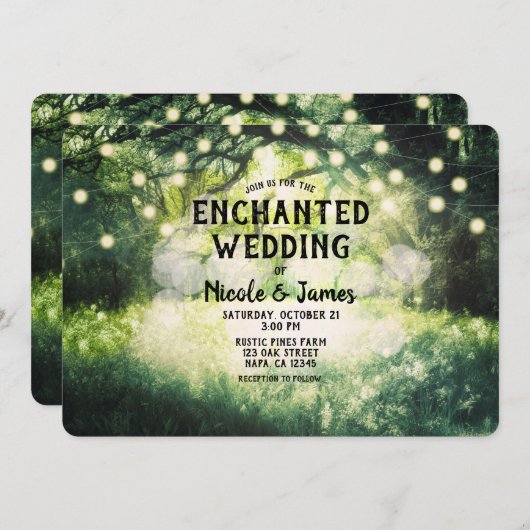 Rustikale, grüne, verzauberte Waldlichter Einladung (Vorne/Hinten)