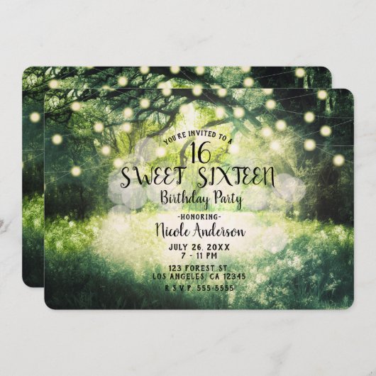 Rustikale grüne verzauberte Waldlichter Süß 16 Einladung (Vorne/Hinten)