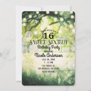 Rustikale grüne verzauberte Waldlichter Sweet 16 Einladung