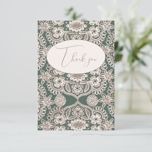 Rustikale grüne Vintage Spitzenfläche dank Karte (Stehend Vorderseite)