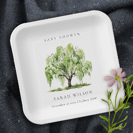 Rustikale grüne Wasserfarbe Willow Tree Babydusche Pappteller