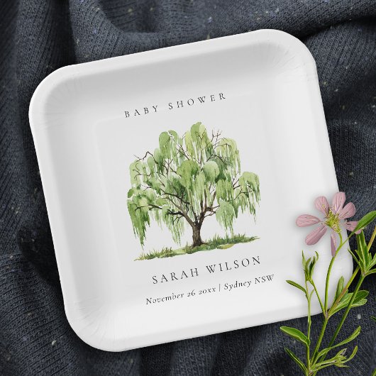 Rustikale grüne Wasserfarbe Willow Tree Babydusche Pappteller