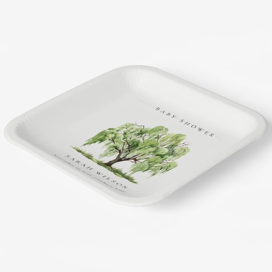 Rustikale grüne Wasserfarbe Willow Tree Babydusche Pappteller (Gewinkelt)