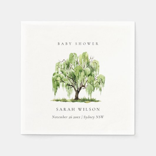 Rustikale grüne Wasserfarbe Willow Tree Babydusche Serviette (Vorderseite)